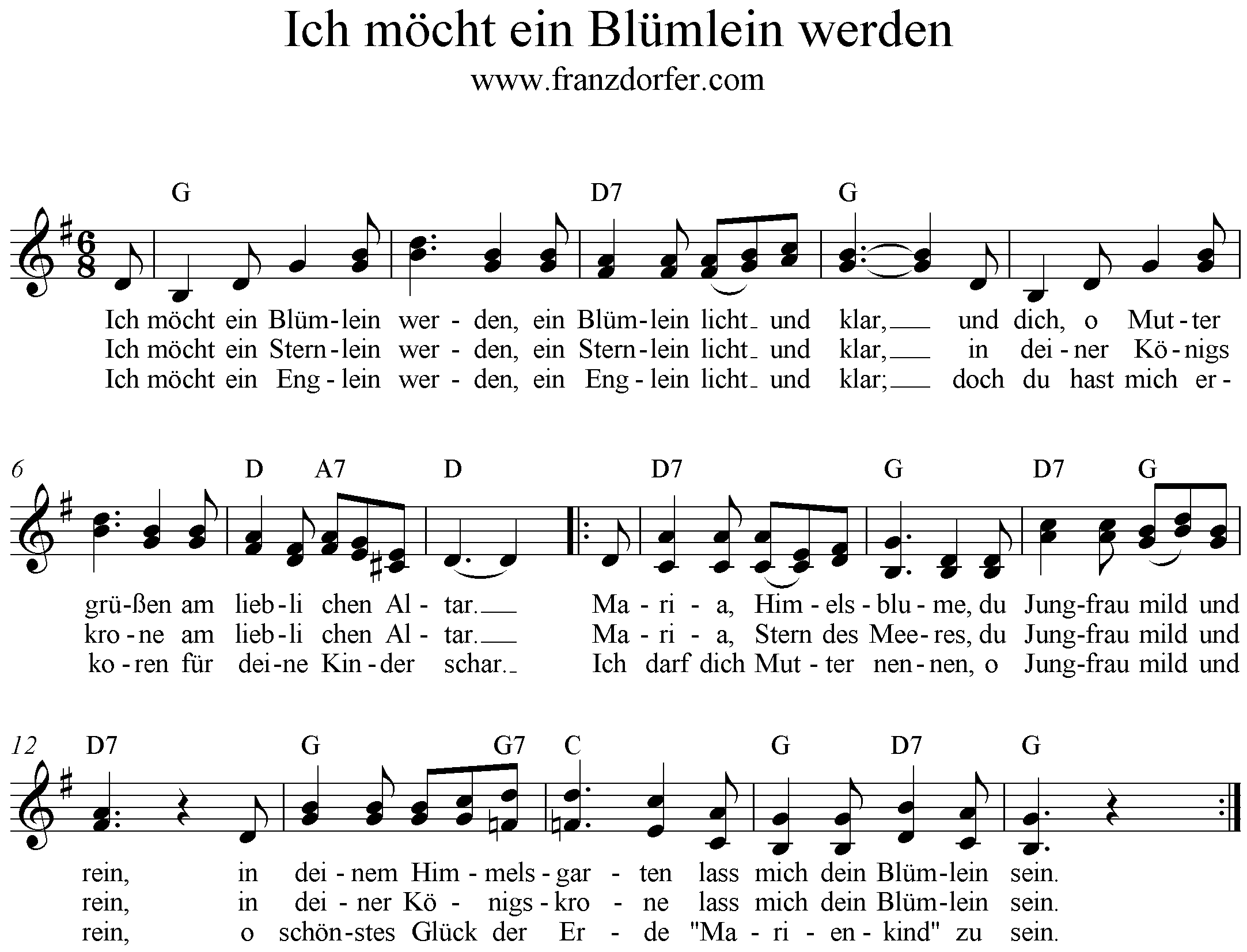 Noten Ich möcht ein Blümlein werden